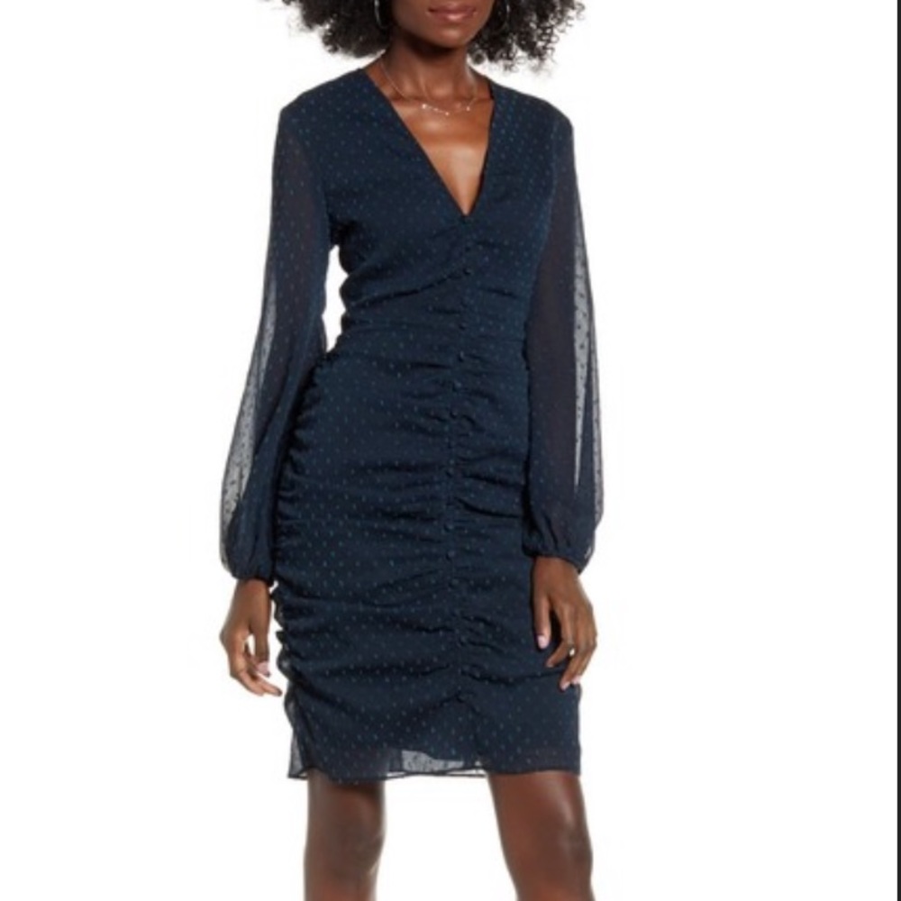 NWT Leith Black Teal ClipDot Shirred Minidress XS